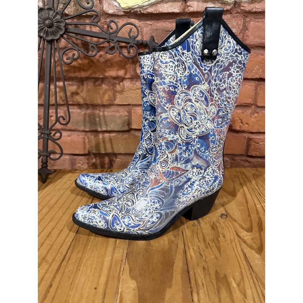 Corkys Nomad Yippy 6 Western Cowboy Cowgirl Rubber Rain Boots Blue Paisley Print